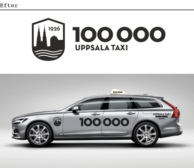 Bil från Uppsala taxi efter nya grafiska identiteten. Sparsmakat, tydligt men fortfarande anrikt.