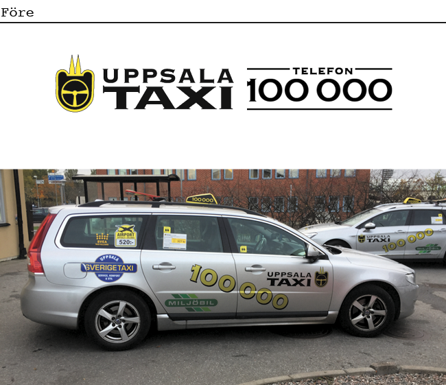 Bil från Uppsala taxi före nya grafiska identiteten. Daterad typografi och rörigt intryck.